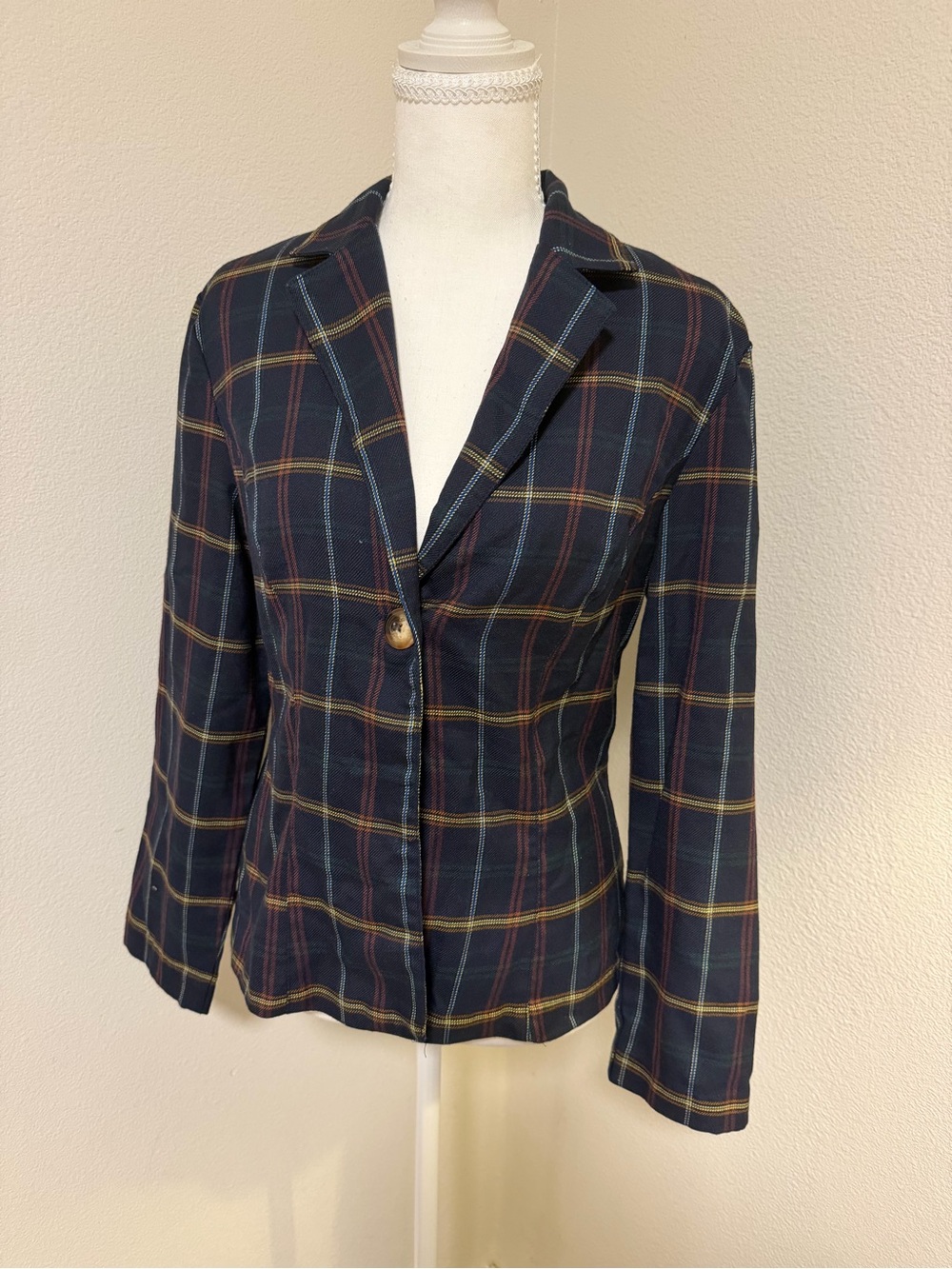 Vintage La Belle Navy Plaid Single-Button Blazer with Multicolor Windowpane